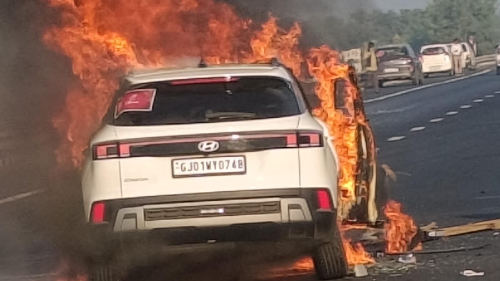 Miraculous escape for family of 5 on Ahmedabad-Vadodara expressway as SUV goes up in flames after collision